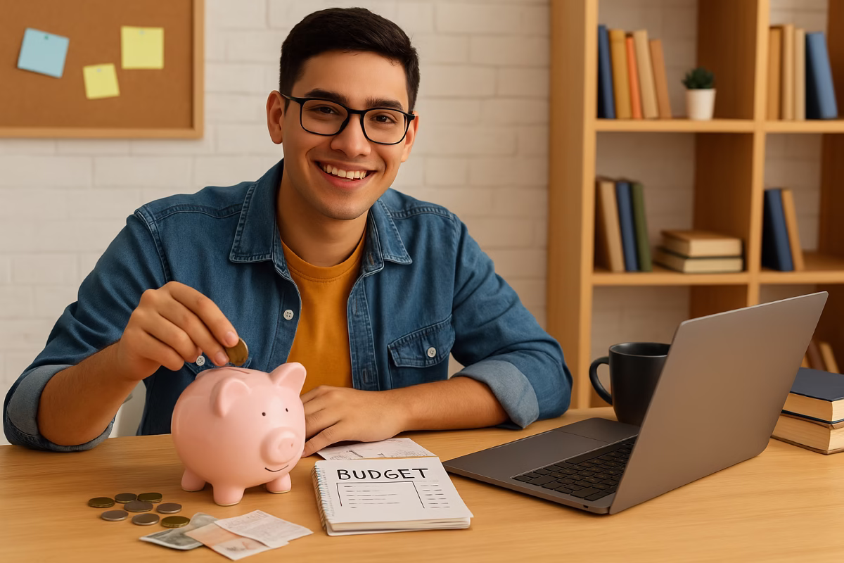 A smiling student sitting at a desk with a laptop