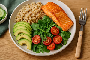 A high-resolution image of a healthy meal with grilled salmon, quinoa, avocado slices, cherry tomatoes, and fresh greens arranged neatly on a white plate.