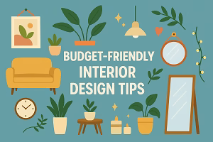 A flat-style digital illustration showing budget-friendly interior design elements like a yellow couch, indoor plants, decorative mirrors, lighting fixtures, and candles on a teal background.