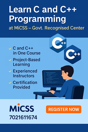 Promotional graphic for MiCSS offering a C and C++ programming course with key features like project-based learning, certification, and experienced instructors, including contact information and a 