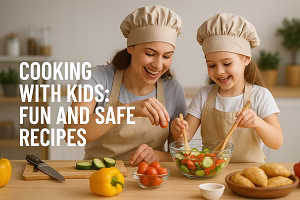 Cooking with Kids – Fun and Safe Recipes at Home A mother and daughter wearing matching chef hats and beige aprons happily preparing a fresh salad together in a kitchen, surrounded by vegetables like cucumbers, tomatoes, and bell peppers.