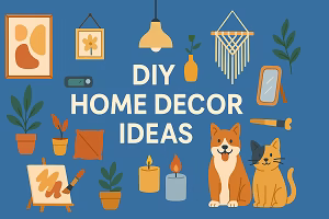 A flat-style digital illustration shows decorative elements like wall art, indoor plants, macramé, candles, pets, and paint tools surrounding the title 