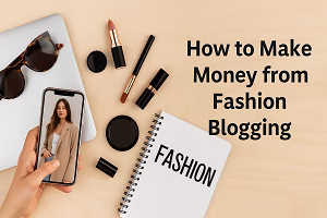 Flat lay of fashion blogging essentials including a smartphone displaying a stylish woman, a notebook labeled “FASHION,” sunglasses, lipstick, makeup items, and a laptop on a wooden background with the text “How to Make Money from Fashion Blogging.”