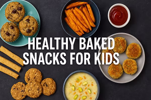 A high-resolution digital photograph displays an assortment of healthy baked snacks for kids including banana muffins, sweet potato fries, veggie nuggets, cookies, and cheese sticks with bold center text 