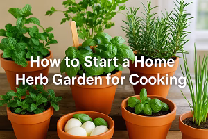 A home herb garden with terracotta pots of basil, mint, parsley, rosemary, and chives on a wooden table with natural sunlight.