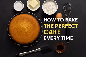 How to Bake the Perfect Cake Every Time – Essential Visual Guide A high-resolution digital photo shows a perfectly baked golden sponge cake on a cooling rack surrounded by baking essentials like flour, sugar, butter, vanilla, an egg, a whisk, and a spatula with bold text reading “HOW TO BAKE THE PERFECT CAKE EVERY TIME.”