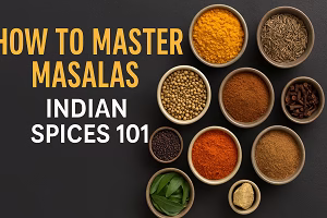 How to Master Masalas – Indian Spices 101 Visual Guide A top view of various Indian spices such as turmeric, cumin, coriander, and curry leaves arranged in small bowls on a dark background, titled “How to Master Masalas: Indian Spices 101.”