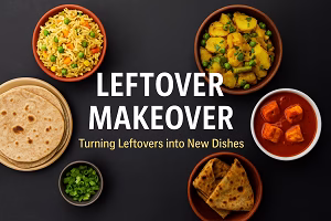 Leftover Makeover – Transforming Leftovers into Delicious Dishes A variety of Indian dishes like fried rice, aloo sabzi, paneer curry, chapati, and stuffed paratha arranged around bold white text reading “Leftover Makeover – Turning Leftovers into New Dishes” on a black background.