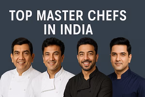 Portraits of four top Indian chefs—Sanjeev Kapoor, Vikas Khanna, Ranveer Brar, and Kunal Kapur—under the heading 