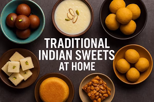 A flat lay image of assorted traditional Indian sweets like gulab jamun, kheer, besan ladoo, coconut barfi, and peanut chikki with bold text 
