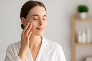 A young woman with fair skin and a white bathrobe gently applying moisturizer to her cheek in a softly lit bathroom setting.