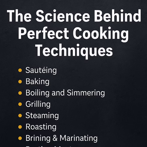 Graphic image listing eight cooking techniques under the title “The Science Behind Perfect Cooking Techniques” on a dark textured background.
