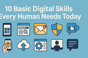 flat design infographic showing 10 basic digital skills with icons for smartphone, email, internet, security, and online communication