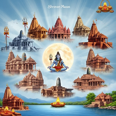 Illustration of 12 Jyotirlinga temples of India with Lord Shiva meditating in front of a glowing moon during Shravan Maas