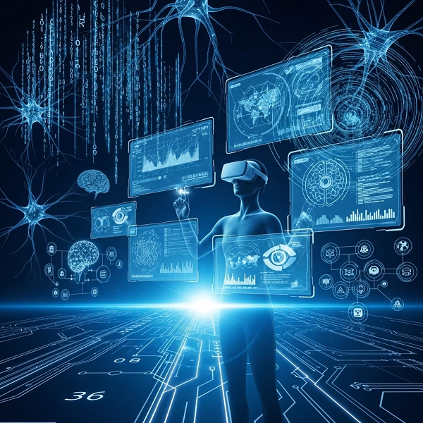 Futuristic digital landscape featuring VR, neural networks, and AI elements.
