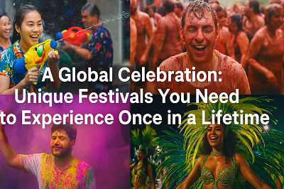 People celebrating global festivals like Holi, Songkran, La Tomatina, and Carnival in a vibrant collage