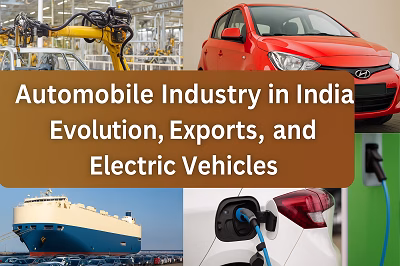 A composite image showing an automobile assembly line, a red Hyundai car, a cargo ship exporting vehicles, and an electric vehicle being charged, with the title 