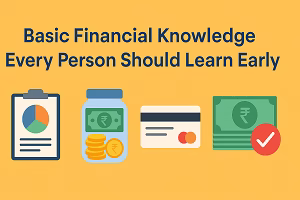A flat-style infographic showing financial icons like a budget chart, savings jar, credit card, and Indian rupee note with a checkmark under the heading 