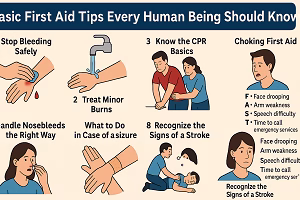 A 2D digital infographic showing 8 basic first aid tips including CPR, burn treatment, and stroke recognition, with illustrations.