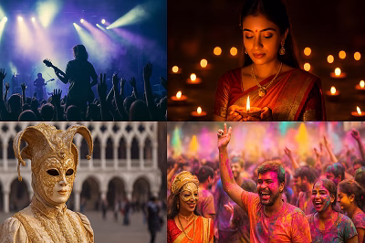 Best Music and Art Festivals Worldwide A collage of global festival scenes featuring a music concert, Diwali celebration, Venetian carnival, and Holi festival.