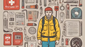 Illustration of a man in emergency gear surrounded by survival tools and supplies like a first-aid kit, flashlight, canned food, and documents.
