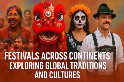 A vibrant collage of global festival participants, including people celebrating Holi, Chinese New Year, Day of the Dead, La Tomatina, and Oktoberfest, symbolizing cultural diversity.