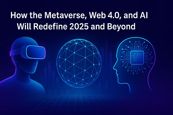 Future Tech 2025 Metaverse, Web 4.0, and Ai Digital illustration showing the Metaverse, Web 4.0 globe, and AI brain chip, symbolizing future technology trends in 2025 and beyond.