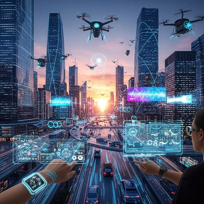 Futuristic smart city skyline with drones, holographic interfaces, and AI-powered transportation systems during sunset. future tech