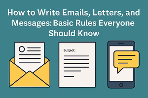 Infographic showing how to write emails, letters, and messages with icons of an envelope, a letter, and a smartphone on a teal background.