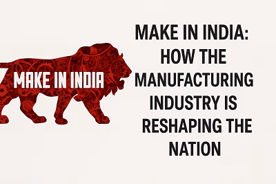 Make in India lion silhouette filled with gears and machinery, representing India's manufacturing sector