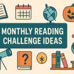 A colorful flat digital illustration with the title "MONTHLY READING CHALLENGE IDEAS" surrounded by icons like books, calendar, globe, pumpkin, lightbulb, telescope, and bookshelf.