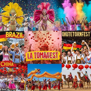 A collage of vibrant cultural festivals around the world including Rio Carnival, Holi Festival, La Tomatina, Oktoberfest, Chinese New Year, and Rajasthan’s Pushkar Fair.