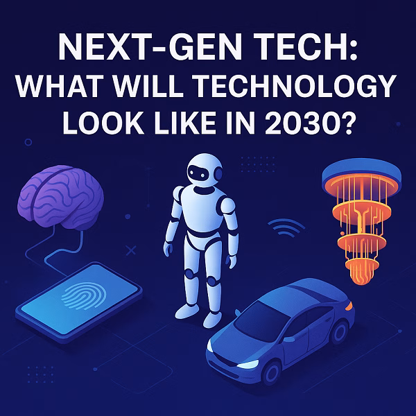Next-Gen Tech 2030 Futuristic Innovations in AI, BCI, and Automation A 2D digital illustration showcasing futuristic technology for the year 2030, featuring a humanoid robot, a brain-computer interface, an autonomous car, a fingerprint scanner, and a stylized quantum computer against a blue tech-themed background.
