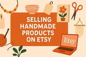 A flat-style digital illustration with earthy tones showing crafting tools, handmade items like a yarn ball, jewelry, scissors, a plant, and an open laptop displaying the Etsy logo, centered around the title 