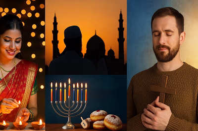 A collage of global spiritual festivals including Diwali, Eid, Hanukkah, and Easter celebrated with candles, prayers, and symbolic rituals.