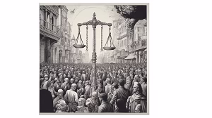 A large crowd of diverse people standing in a city street with a giant scale of justice in the center, symbolizing equality and human rights.