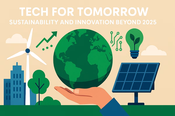A digital illustration showing a hand holding a green Earth, surrounded by symbols of sustainability like a wind turbine, solar panel, green lightbulb, and circuit lines, representing tech innovation beyond 2025.