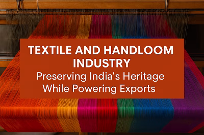Colorful Indian handloom fabric being woven on a traditional loom with text overlay about the textile and handloom industry.
