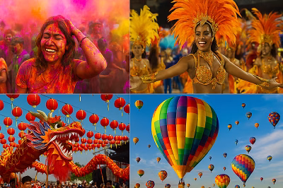 A vibrant collage showing Holi in India, Carnival in Brazil, Chinese New Year celebrations, and colorful hot air balloons at the Albuquerque Balloon Fiesta.