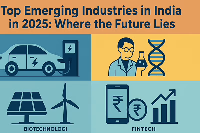Illustration of top emerging industries in India in 2025 including electric vehicles, biotechnology, renewable energy, and fintech.