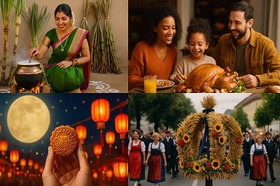 A collage of four harvest festivals celebrated around the world, including Pongal in India, Thanksgiving in the USA, Mid-Autumn Festival in China, and Erntedankfest in Germany.