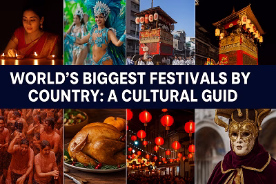 A digital collage of global festivals including Diwali, Rio Carnival, La Tomatina, Chinese New Year, and Thanksgiving with bold title text in the center.