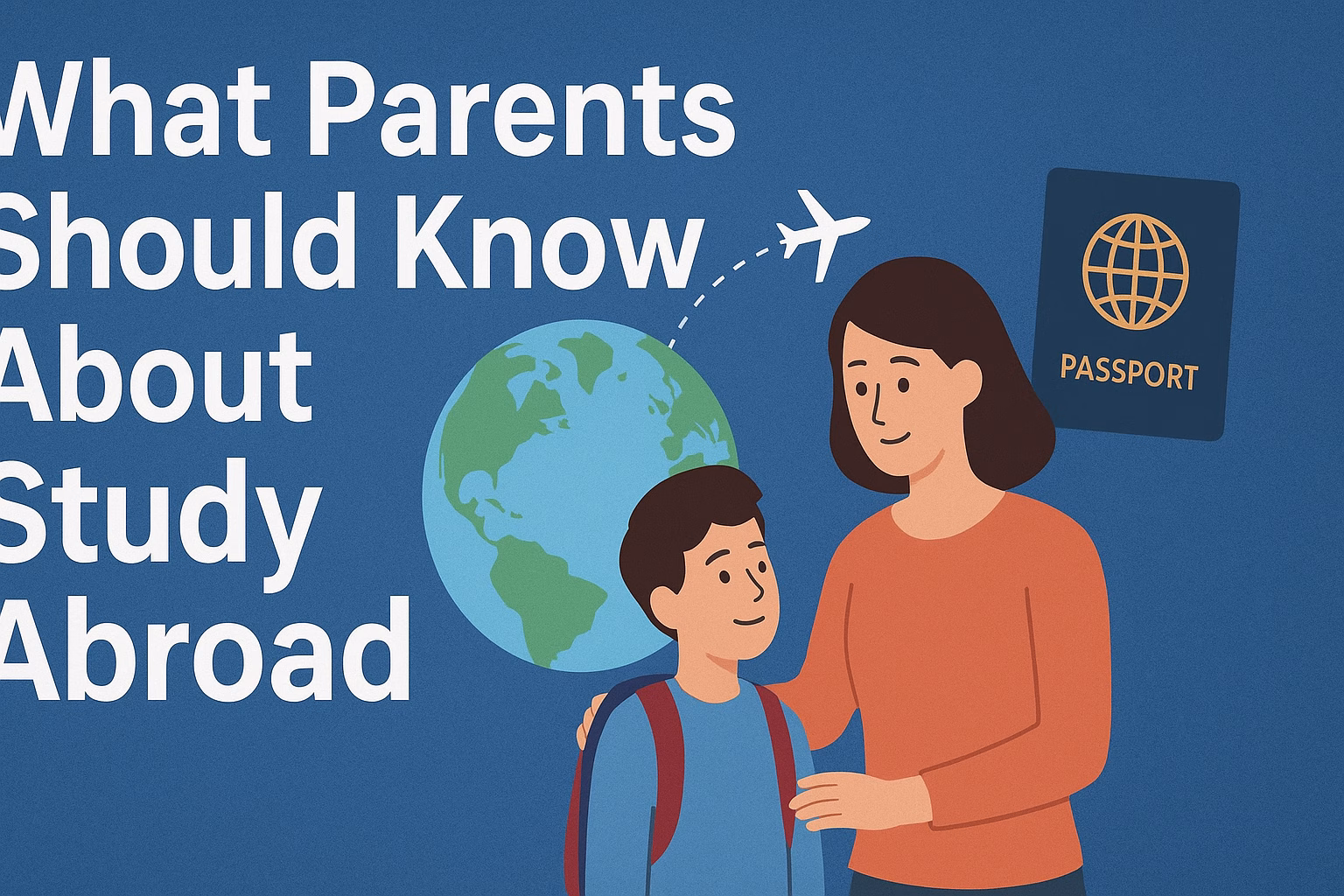 Mother guiding her child with a backpack beside a globe, airplane icon, and passport illustration, representing what parents should know about studying abroad.
