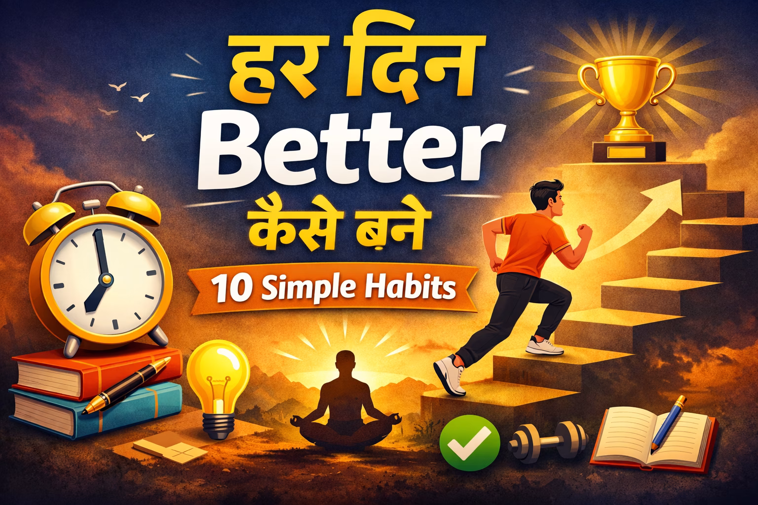 Har din better kaise bane – 10 simple habits motivational featured image with alarm clock, books, meditation, running man and trophy