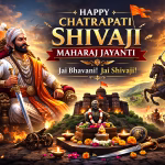 Chhatrapati Shivaji Maharaj Jayanti featured image showing Shivaji Maharaj on a royal throne with sword, saffron flags, Raigad fort, warriors, and “Jai Bhavani Jai Shivaji” text.
