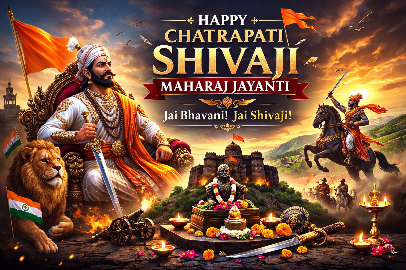 Chhatrapati Shivaji Maharaj Jayanti featured image showing Shivaji Maharaj on a royal throne with sword, saffron flags, Raigad fort, warriors, and “Jai Bhavani Jai Shivaji” text.
