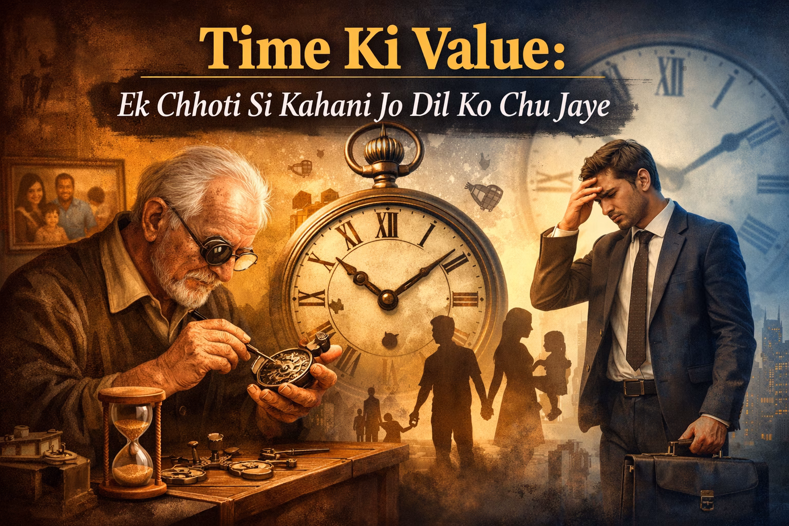Old watchmaker repairing a pocket watch beside a thoughtful businessman, symbolizing the true value of time and life balance.