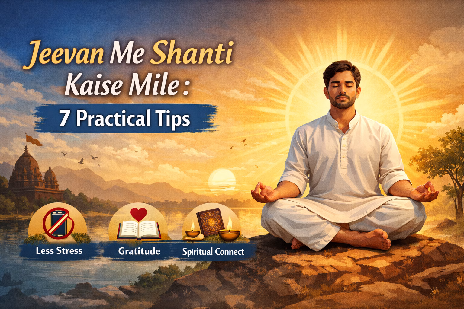 man meditating at sunrise near temple and lake representing inner peace and 7 practical tips for a calm life