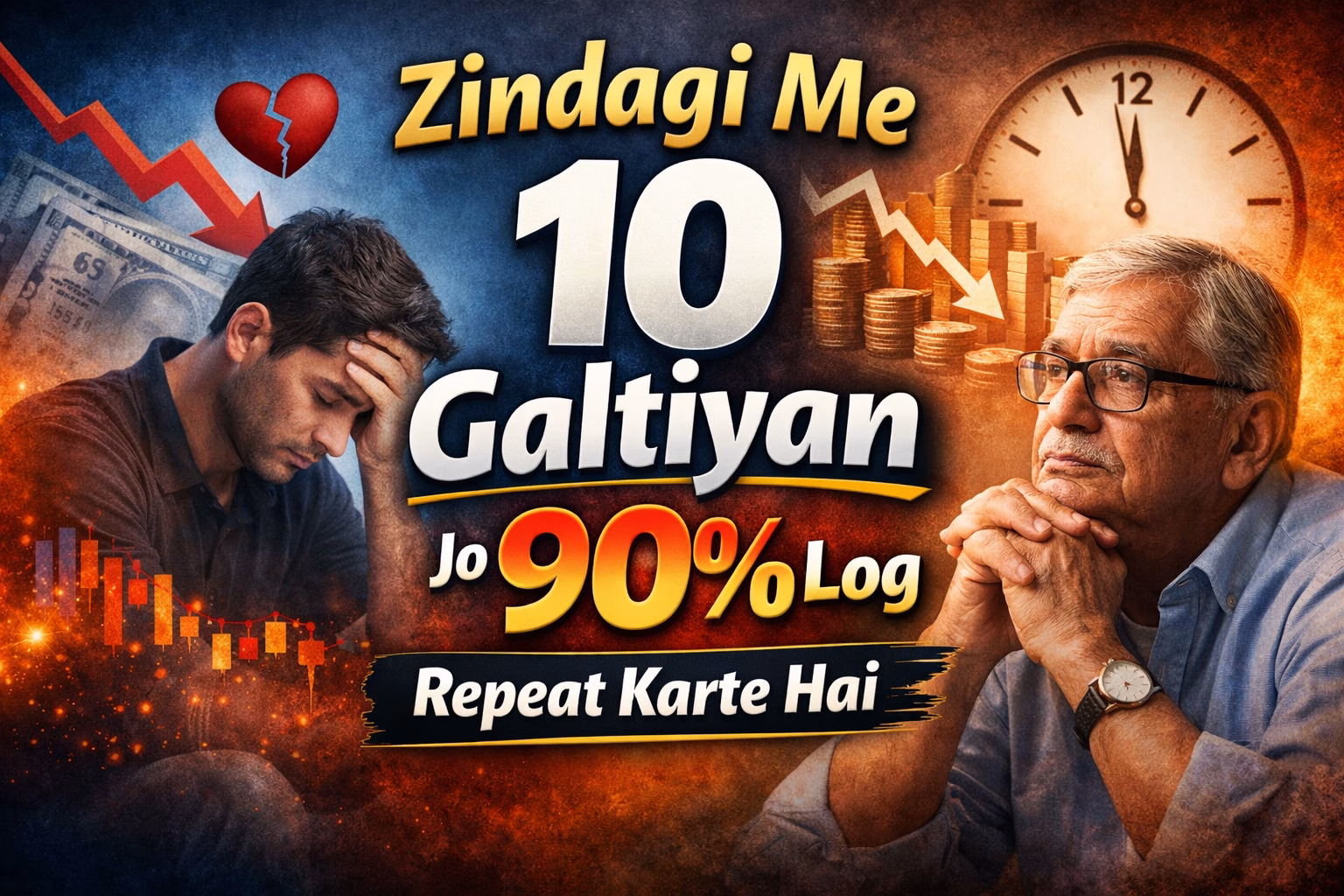 Stressed young man and thoughtful older man with clock and falling graph representing 10 common life mistakes people repeat.