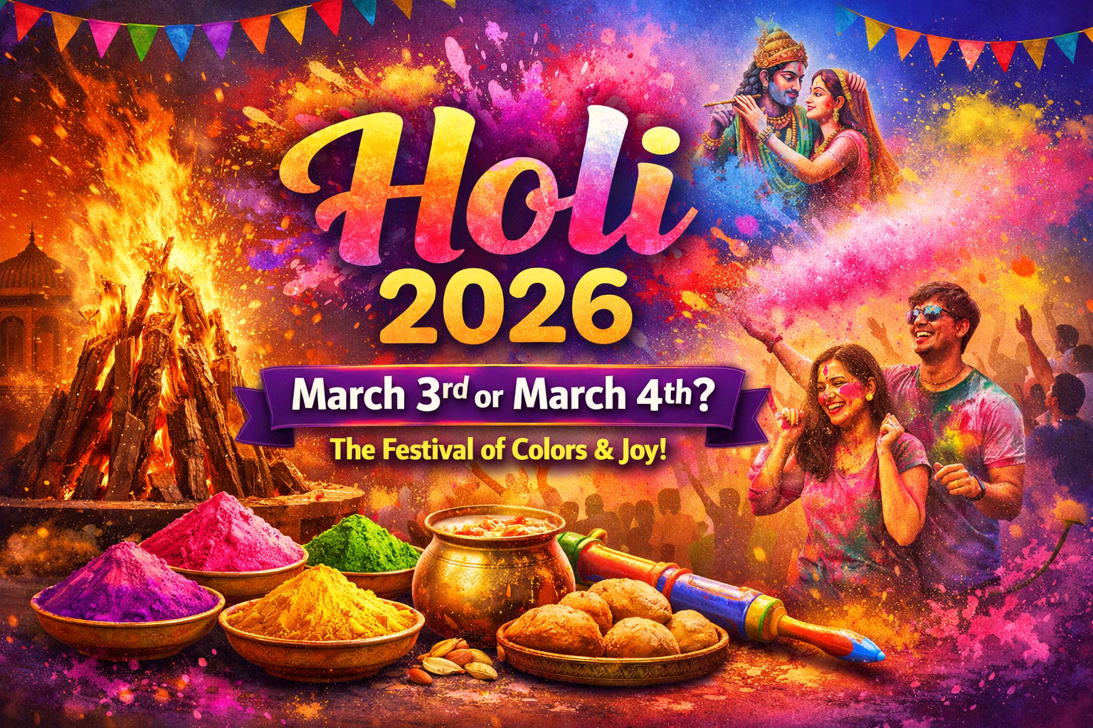 Holi 2026 celebration banner featuring Holika Dahan bonfire, colorful gulal powders, Krishna and Radha artwork, and people playing with colors.